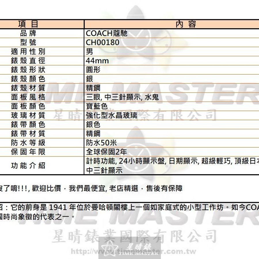 COACH手錶,編號CH00180,44mm銀圓形精鋼錶殼,寶藍色三眼, 中三針顯示, 水鬼錶面,銀色精鋼錶帶款-9