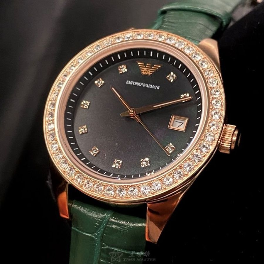 ARMANI手錶,編號AR00027,36mm玫瑰金圓形精鋼錶殼,墨綠色中三針顯示, 貝母錶面,綠色真皮皮革錶帶款-7