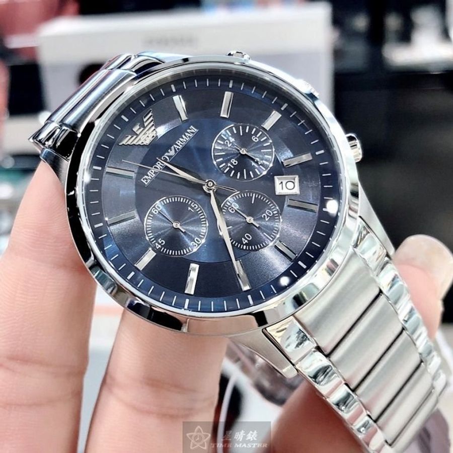 ARMANI手錶,編號AR00025,44mm銀圓形精鋼錶殼,寶藍色三眼, 中三針顯示, 水鬼錶面,銀色精鋼錶帶款-10