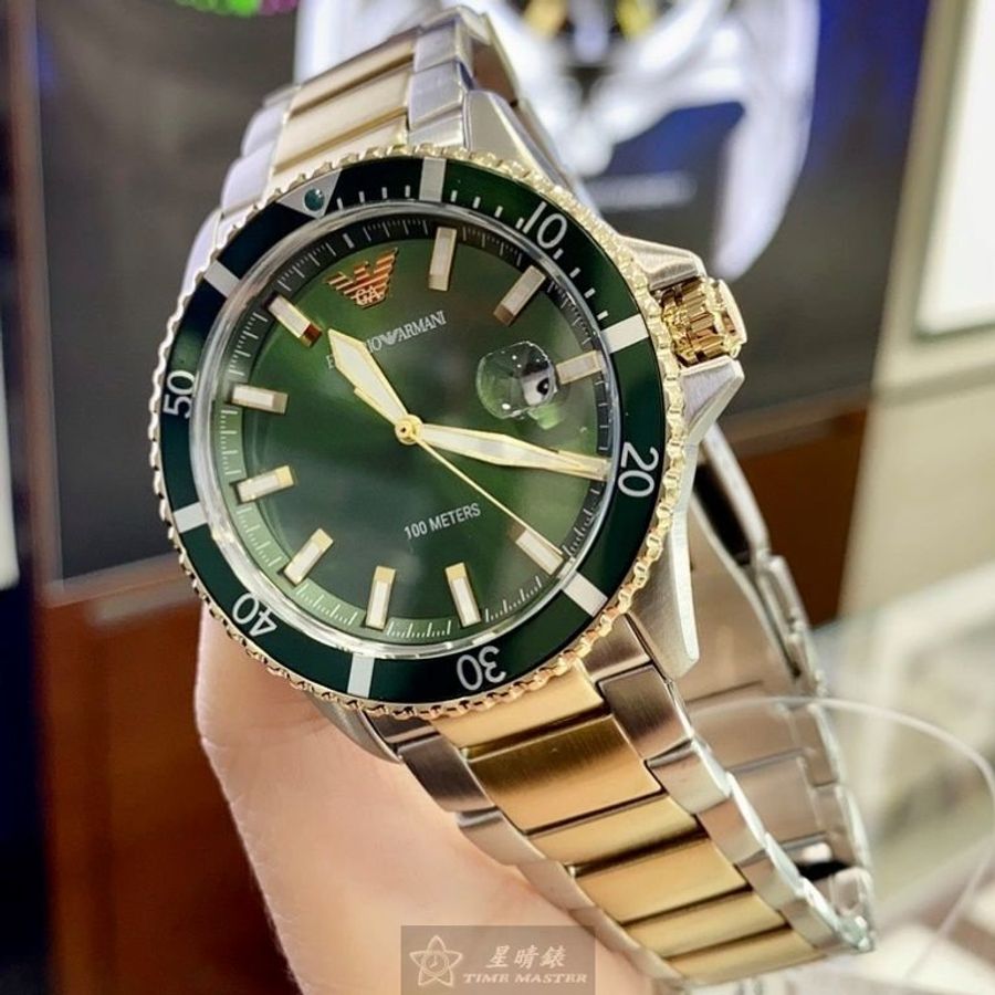 ARMANI手錶,編號AR00043,44mm綠金圓形精鋼錶殼,墨綠色中三針顯示, 運動, 水鬼錶面,金銀相間精鋼錶帶款-2