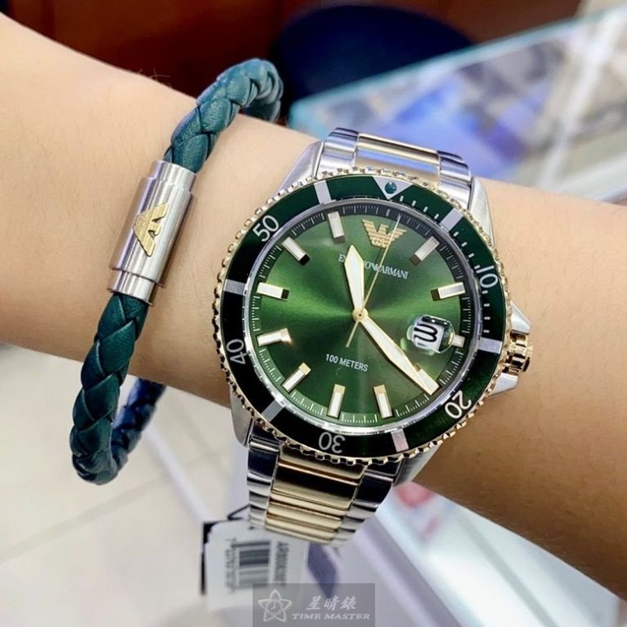 ARMANI手錶,編號AR00043,44mm綠金圓形精鋼錶殼,墨綠色中三針顯示, 運動, 水鬼錶面,金銀相間精鋼錶帶款-4
