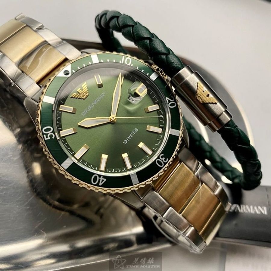 ARMANI手錶,編號AR00043,44mm綠金圓形精鋼錶殼,墨綠色中三針顯示, 運動, 水鬼錶面,金銀相間精鋼錶帶款-8