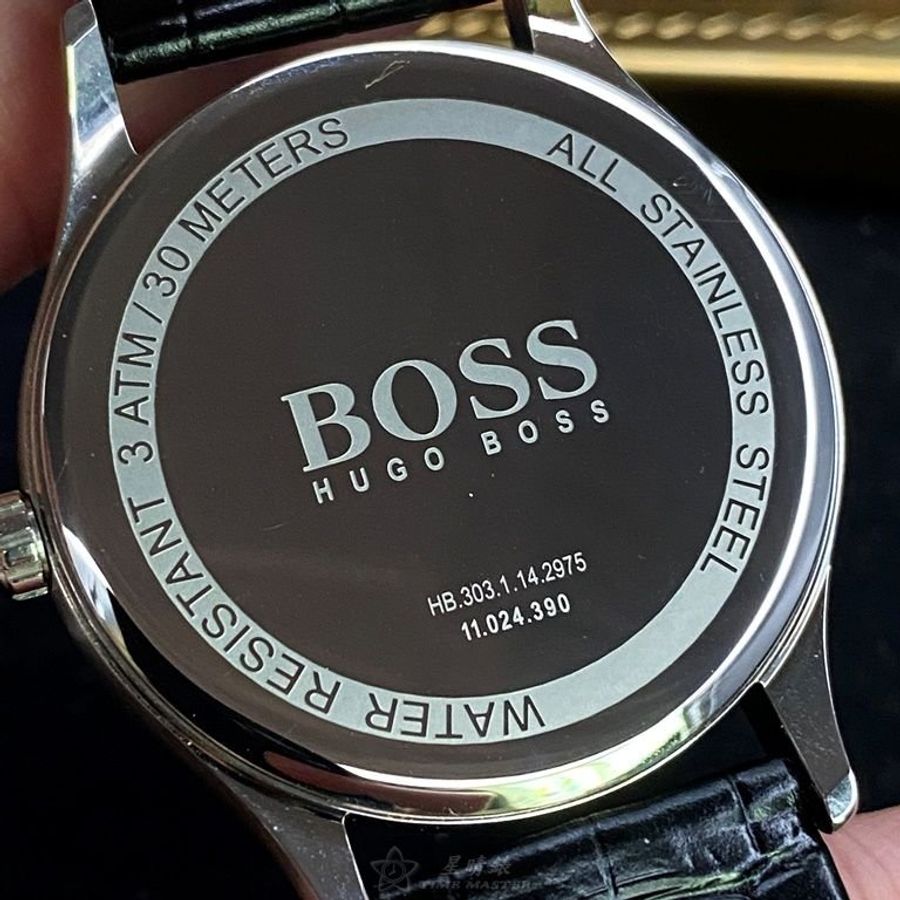 BOSS手錶,編號HB1513553,42mm銀圓形精鋼錶殼,寶藍色簡約, 時分秒中三針顯示錶面,深黑色真皮皮革錶帶款-3