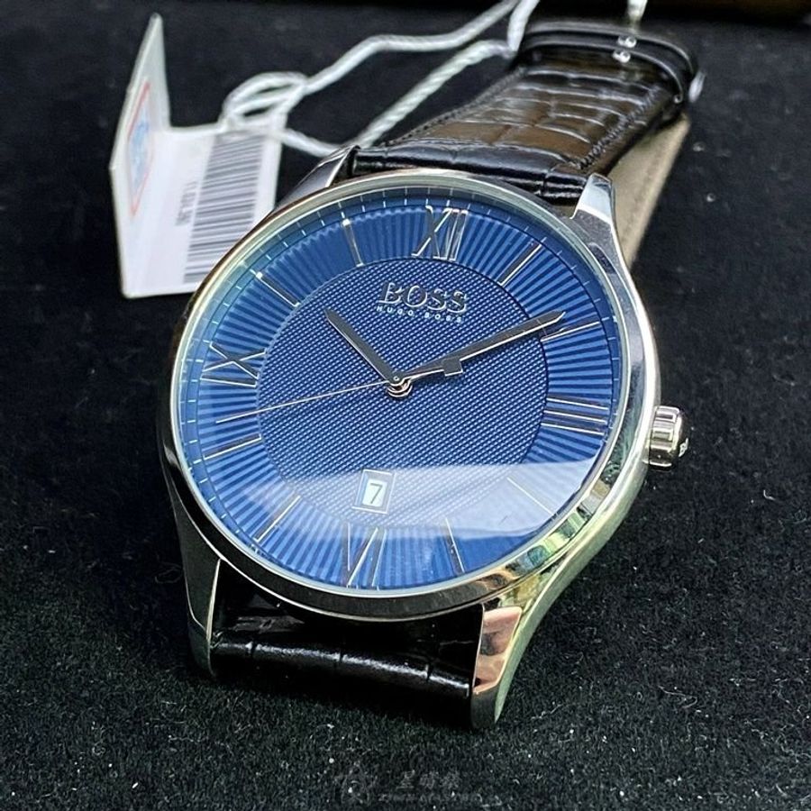 BOSS手錶,編號HB1513553,42mm銀圓形精鋼錶殼,寶藍色簡約, 時分秒中三針顯示錶面,深黑色真皮皮革錶帶款-4