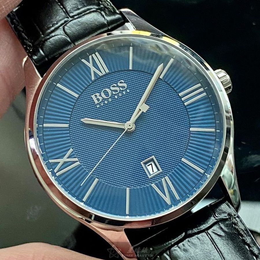BOSS手錶,編號HB1513553,42mm銀圓形精鋼錶殼,寶藍色簡約, 時分秒中三針顯示錶面,深黑色真皮皮革錶帶款-7