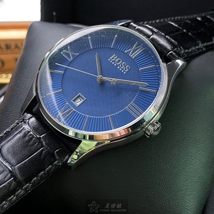 BOSS手錶,編號HB1513553,42mm銀圓形精鋼錶殼,寶藍色簡約, 時分秒中三針顯示錶面,深黑色真皮皮革錶帶款-12