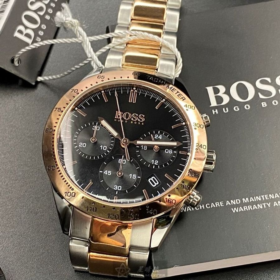 BOSS手錶,編號HB1513584,42mm玫瑰金圓形精鋼錶殼,黑色三眼, 運動錶面,金銀相間精鋼錶帶款,獨具匠心!-10