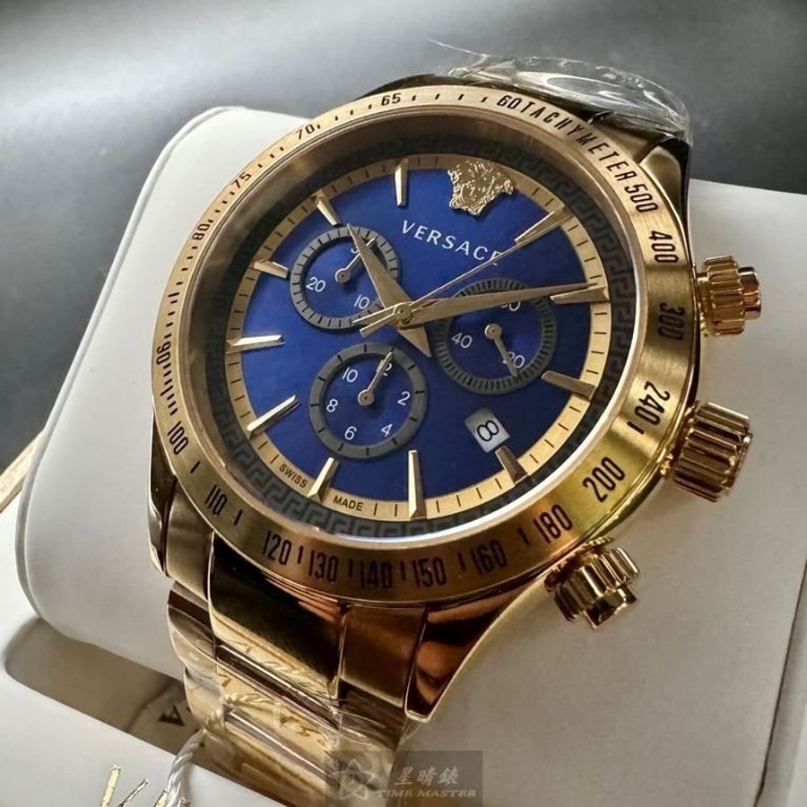 VERSACE手錶,編號VS11730,46mm金色圓形精鋼錶殼,寶藍色三眼, 中三針顯示, 運動錶面,金色精鋼錶帶款-1
