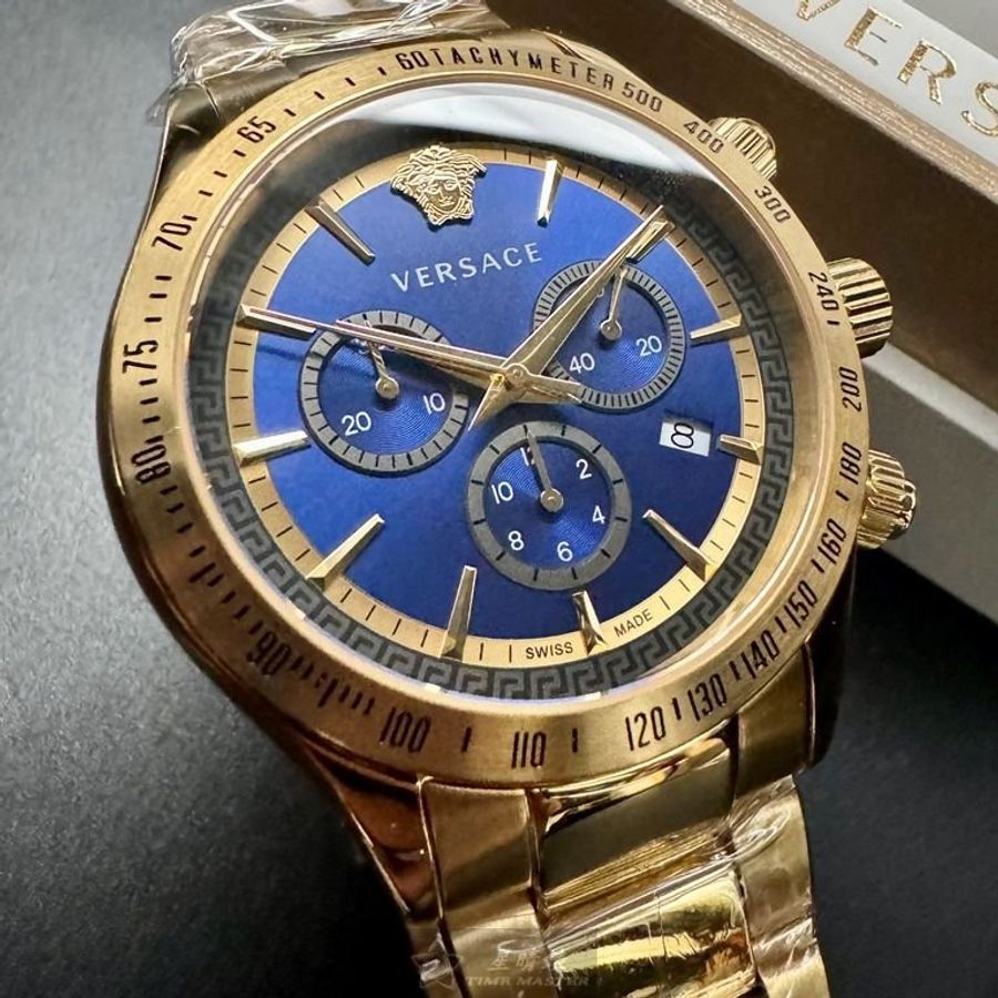 VERSACE手錶,編號VS11730,46mm金色圓形精鋼錶殼,寶藍色三眼, 中三針顯示, 運動錶面,金色精鋼錶帶款-3
