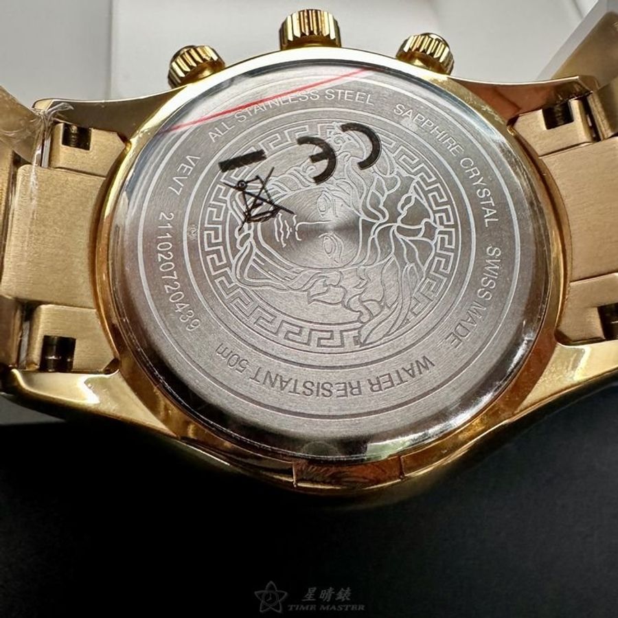 VERSACE手錶,編號VS11730,46mm金色圓形精鋼錶殼,寶藍色三眼, 中三針顯示, 運動錶面,金色精鋼錶帶款-4