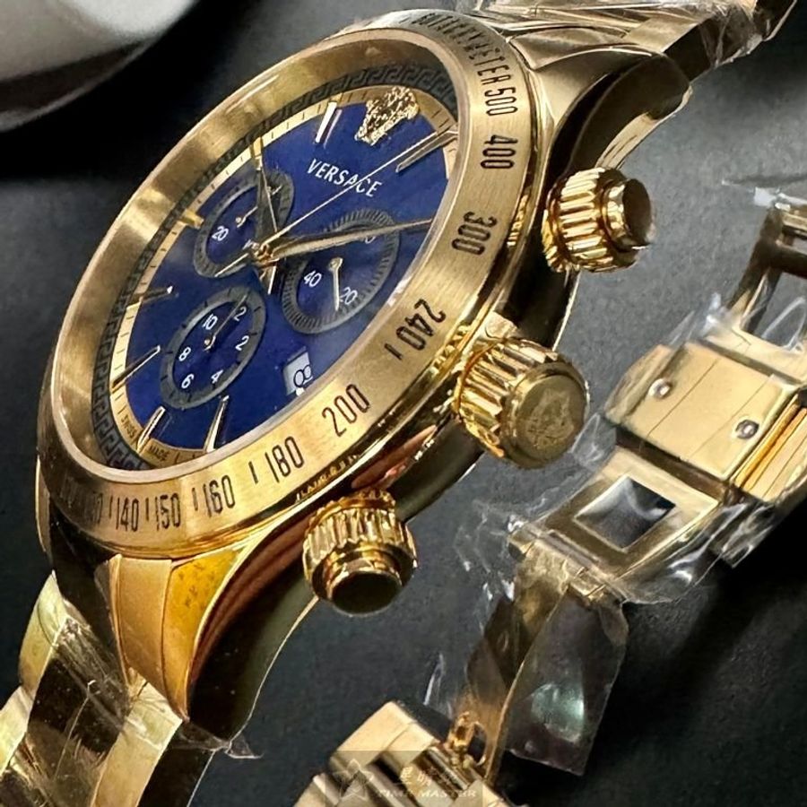 VERSACE手錶,編號VS11730,46mm金色圓形精鋼錶殼,寶藍色三眼, 中三針顯示, 運動錶面,金色精鋼錶帶款-5