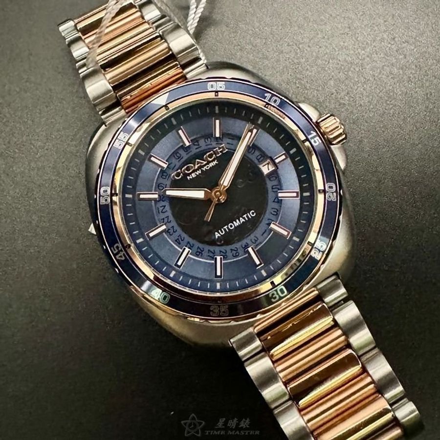COACH手錶,編號CH00214,46mm玫瑰金圓形精鋼錶殼,寶藍色鏤空, 中三針顯示, 運動錶面,金銀相間精鋼錶帶款-7