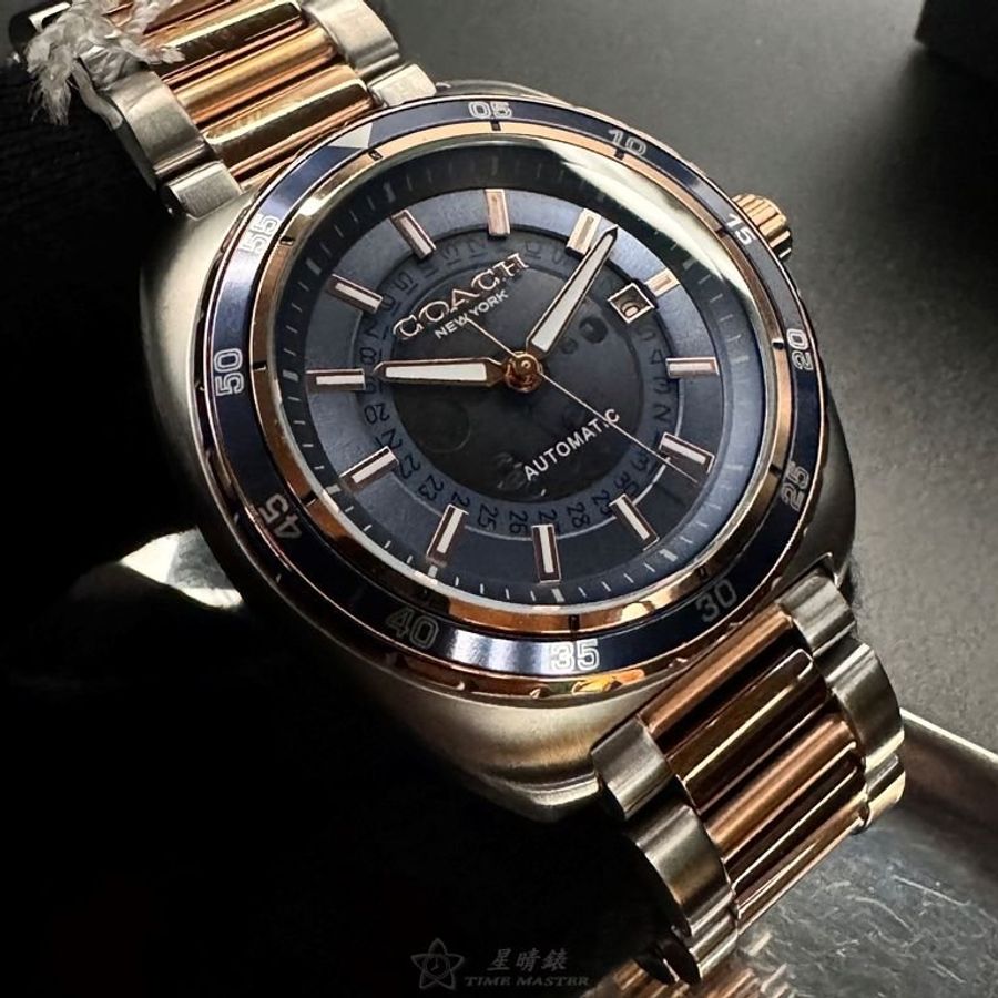 COACH手錶,編號CH00214,46mm玫瑰金圓形精鋼錶殼,寶藍色鏤空, 中三針顯示, 運動錶面,金銀相間精鋼錶帶款-10