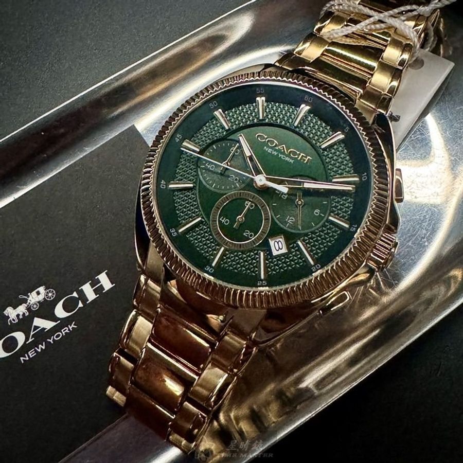 COACH手錶,編號CH00215,44mm金色圓形精鋼錶殼,墨綠色三眼, 中三針顯示錶面,金色精鋼錶帶款-10