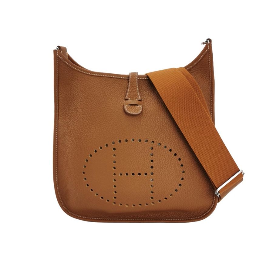 Hermes Evelyne29鏤空單肩包Clemence (TC) 牛皮銀扣37金棕B刻-0