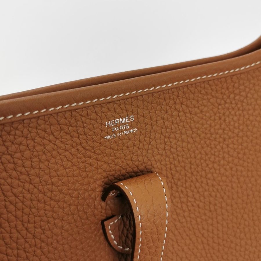 Hermes Evelyne29鏤空單肩包Clemence (TC) 牛皮銀扣37金棕B刻-6