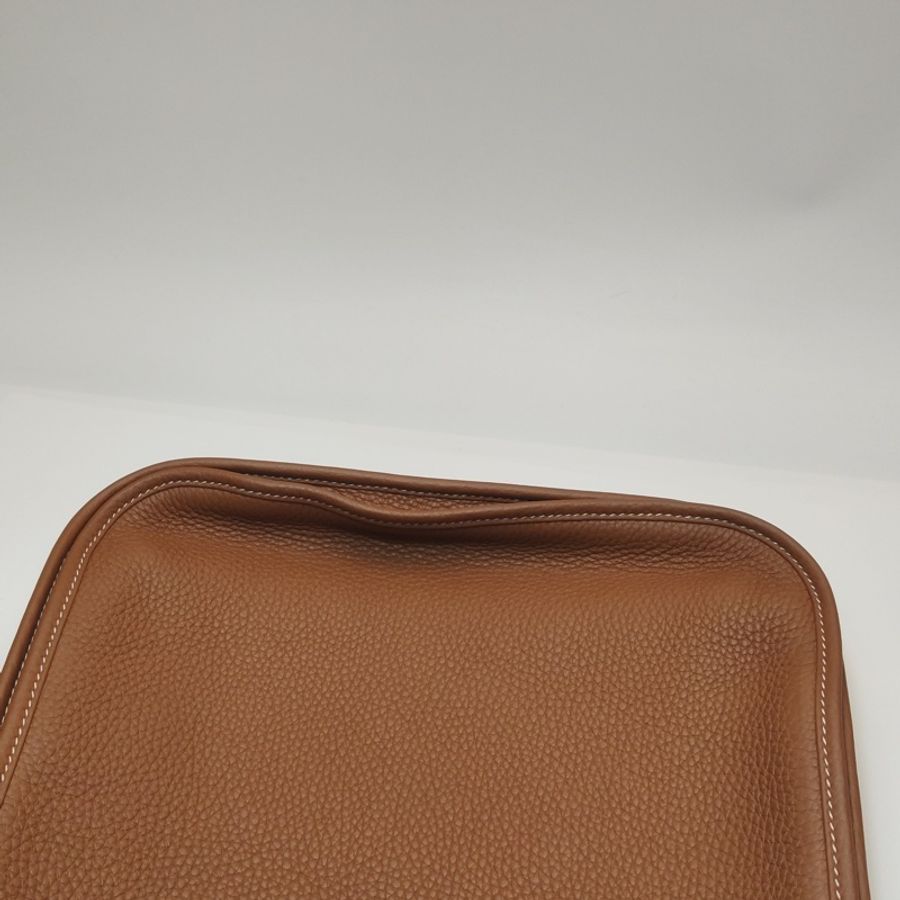 Hermes Evelyne29鏤空單肩包Clemence (TC) 牛皮銀扣37金棕B刻-9