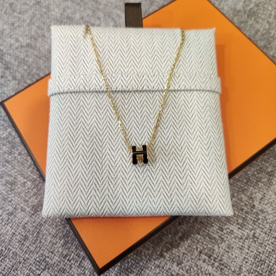 HERMES MINI POP H LOGO 迷你黃K金色黑色琺瑯 項鍊 鎖骨鍊-5