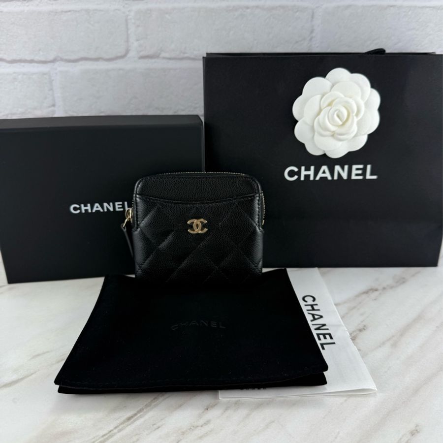 Chanel 香奈兒 經典菱格紋 方形土司拉鏈零錢包 卡包 荔枝皮 黑色金釦-0