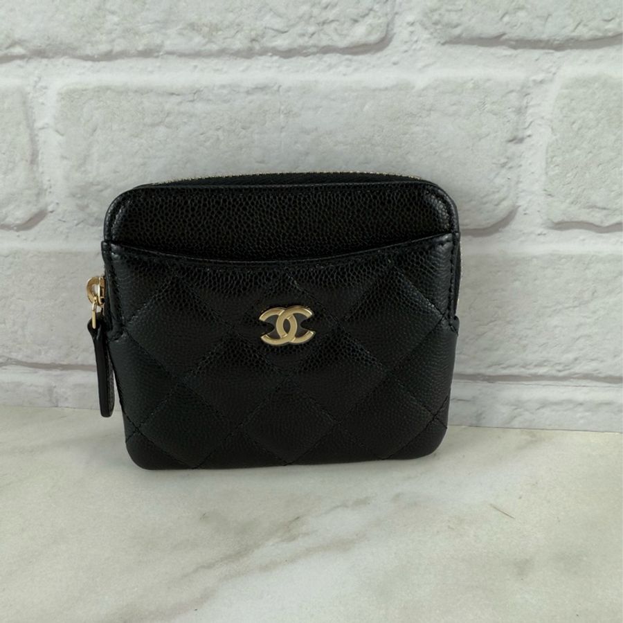 Chanel 香奈兒 經典菱格紋 方形土司拉鏈零錢包 卡包 荔枝皮 黑色金釦-12