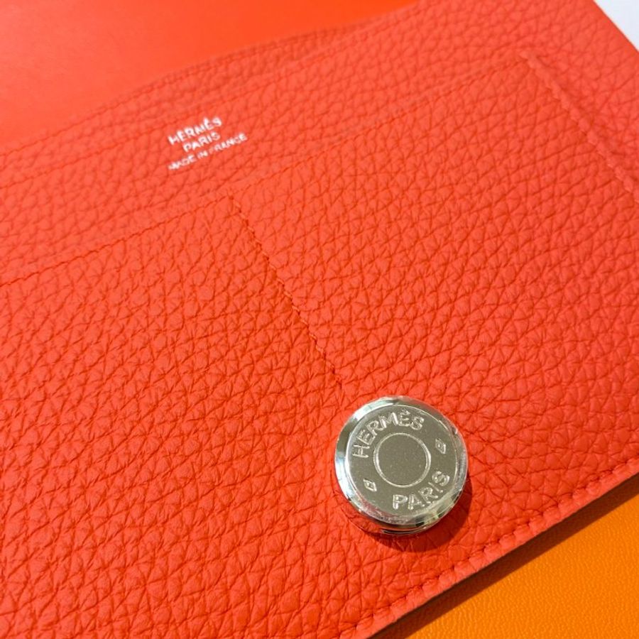 【全新閒置】愛馬仕HERMES 橘紅色 Dogon 二合一錢包 膜還在 長夾護照包 框R刻-9