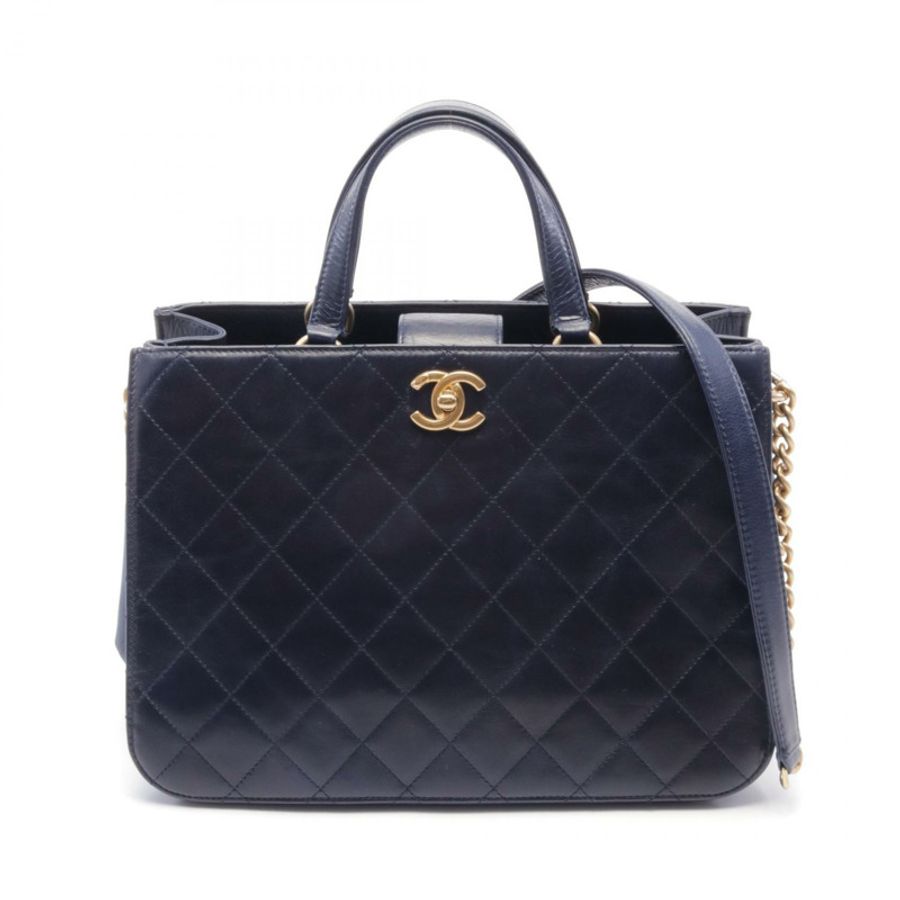 CHANEL 菱格紋鏈條斜背包 皮革 海軍藍 二手 GHW-0