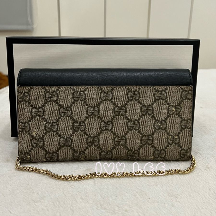 GUCCI GG Supreme 掛鎖鏈條 長錢包 小肩包 長夾 woc 453506 黑棕色 手提包 二手精品-1
