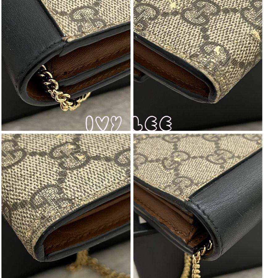 GUCCI GG Supreme 掛鎖鏈條 長錢包 小肩包 長夾 woc 453506 黑棕色 手提包 二手精品-15
