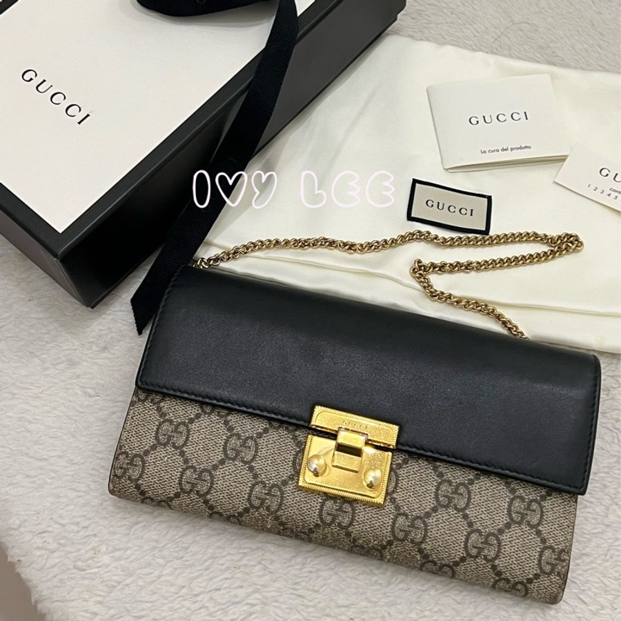GUCCI GG Supreme 掛鎖鏈條 長錢包 小肩包 長夾 woc 453506 黑棕色 手提包 二手精品-32