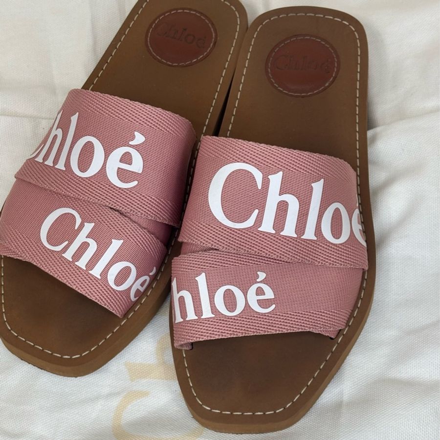 Chloe Woody 標誌織帶平底拖鞋/涼鞋(粉色)-0