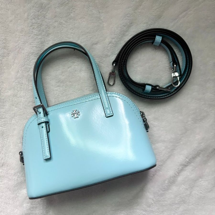 微瑕 TORY BURCH 亮面漆皮 TB 貝殼包 手提 斜背包(藍色)-5