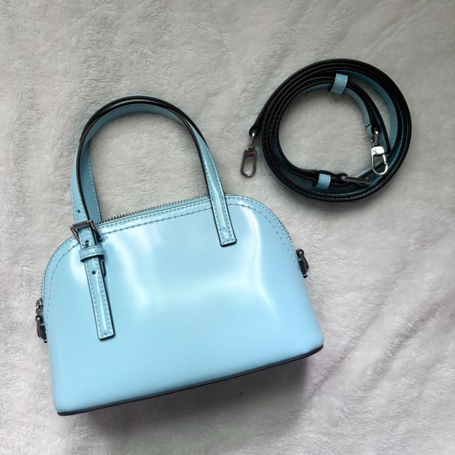 微瑕 TORY BURCH 亮面漆皮 TB 貝殼包 手提 斜背包(藍色)-6