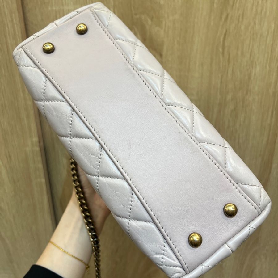 Chanel 藕粉牛皮霧金釦雙層手提斜背包-8