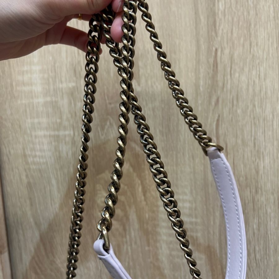 Chanel 藕粉牛皮霧金釦雙層手提斜背包-14