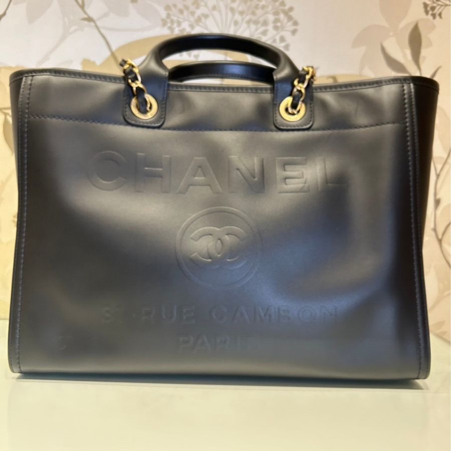 Chanel 香奈兒Deauville Tote Bag黑金全皮革海灘包（尺寸：小號)🌸ha.haliday🌸-0
