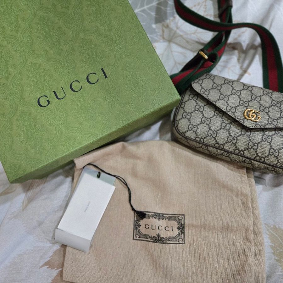 GUCCI Ophidia 經典印花翻蓋斜背包.駝/棕-閒置近新-0