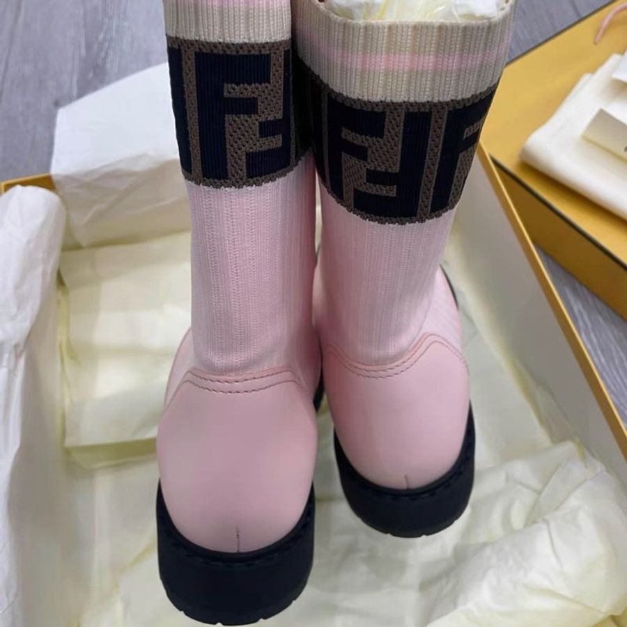Fendi 粉色針織牛皮拼接中筒靴 37號,全新配件齊全-2