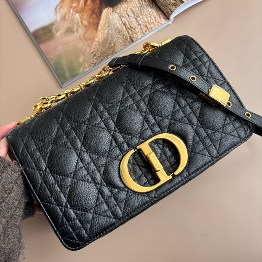 ::Christain Dior:: Caro 中型 黑色柔軟 Cannage 籐格紋小牛皮鏈包 肩背包 側背包-0