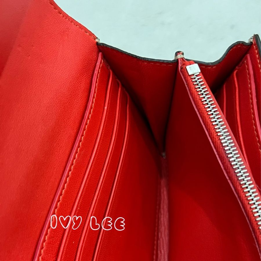 Celine 粒面小牛皮 奶茶灰 拼色紅色 長錢包 按扣翻蓋 長款皮夾 二手精品-5