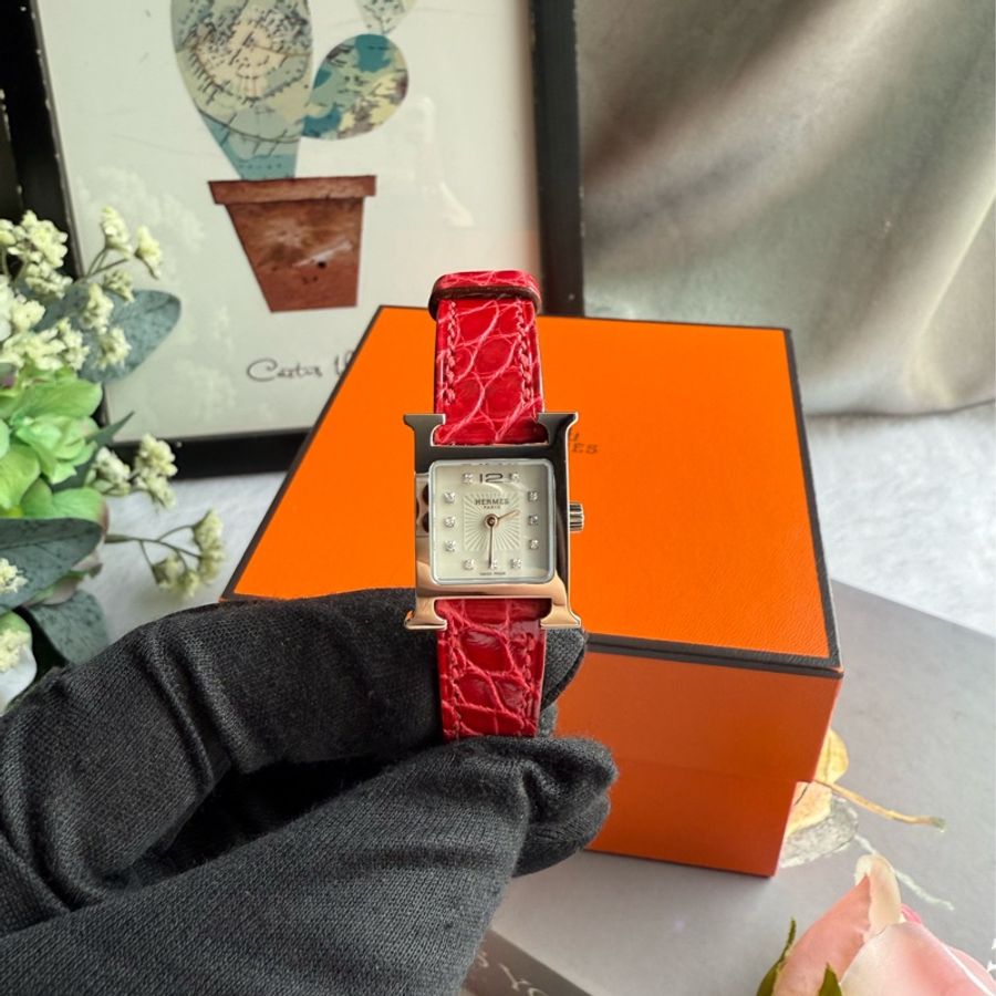 Hermes Heure H 鱷魚皮錶帶帶鑽女錶 21mm (紅色)-5