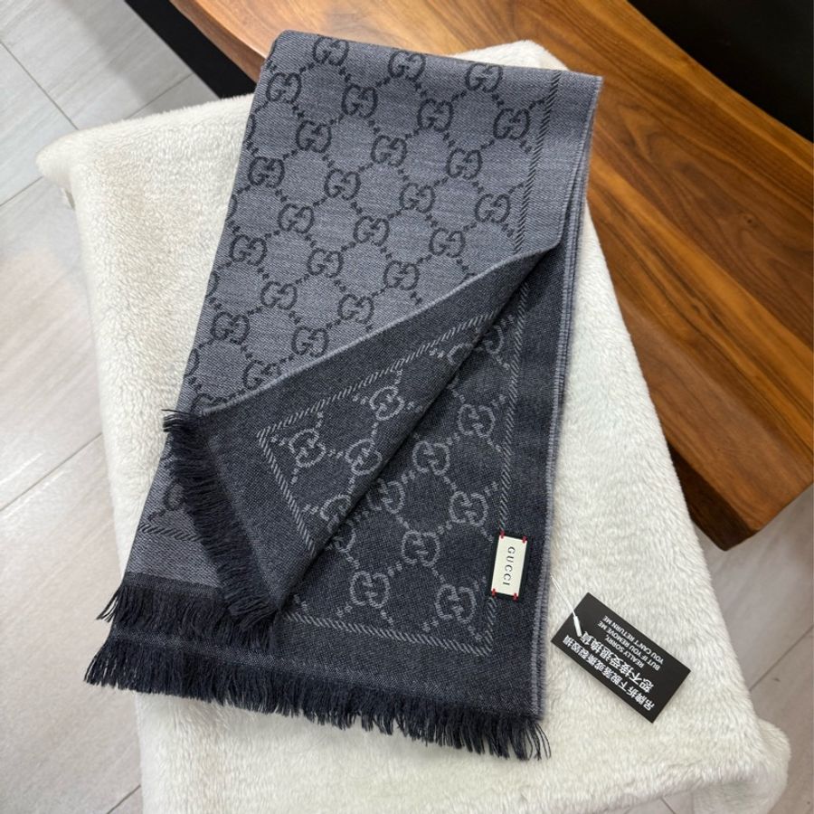 GUCCI GG Logo 標誌雙面可用羊毛圍巾(黑色/灰色)-0