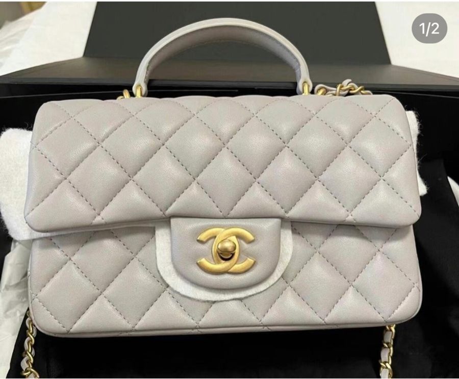Chanel 香奈兒 灰金扣cf 手柄大mini flap handle 方胖 cf20 mini with top handle 鼠尾草灰 泥灰-17