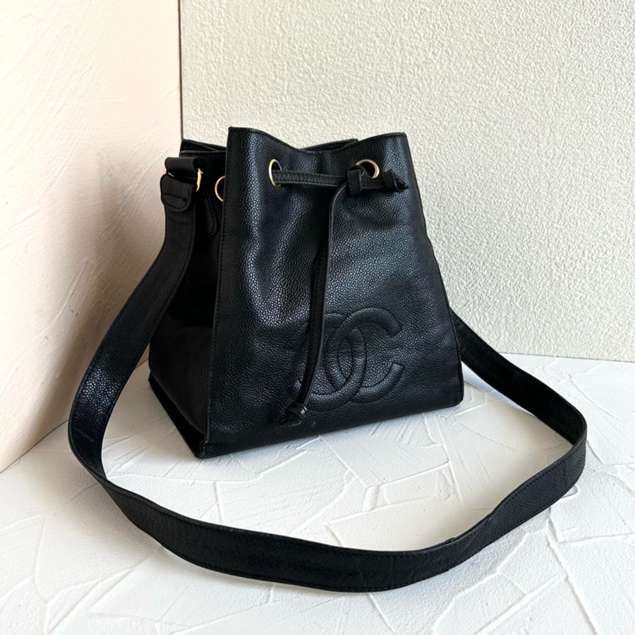 【LA LUNE】中古二手Chanel黑色魚子皮革水桶抽繩小包單肩側揹斜背孭手袋 Vintage-2
