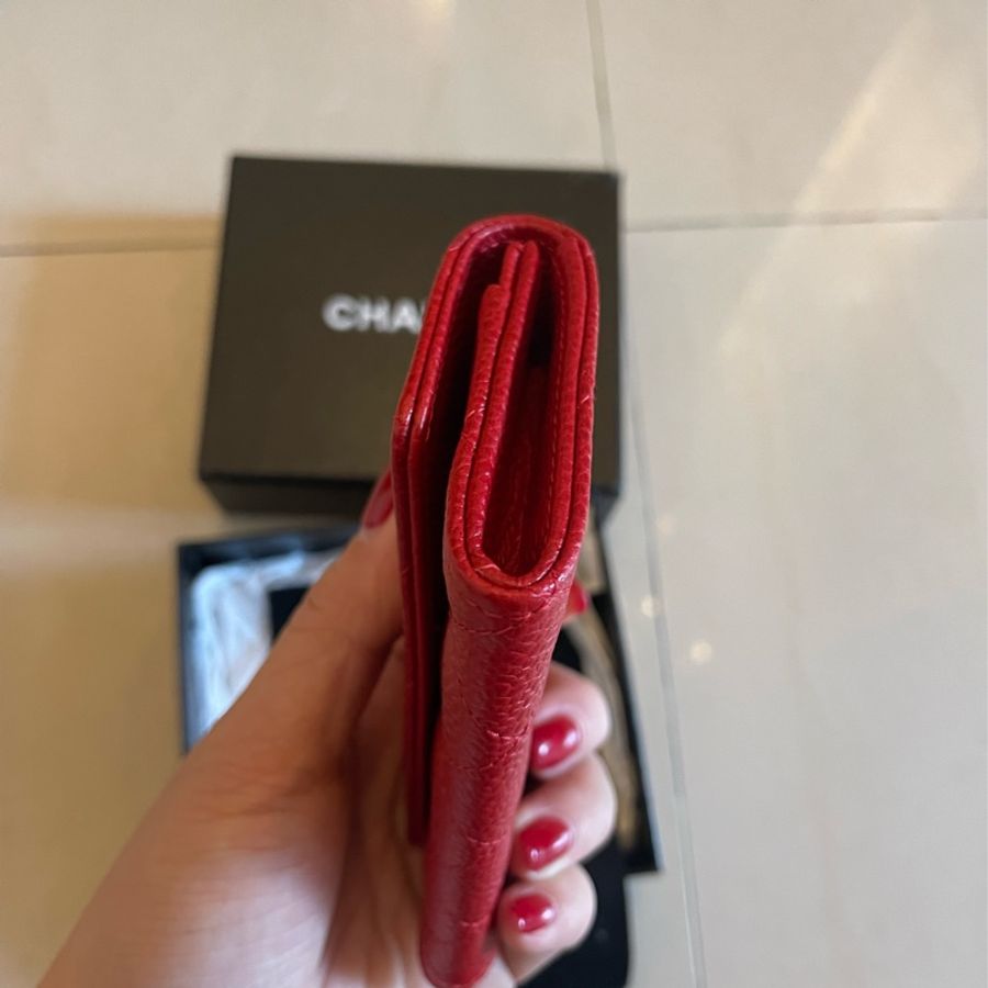 Chanel 紅色單層荔枝皮銀釦卡包-9
