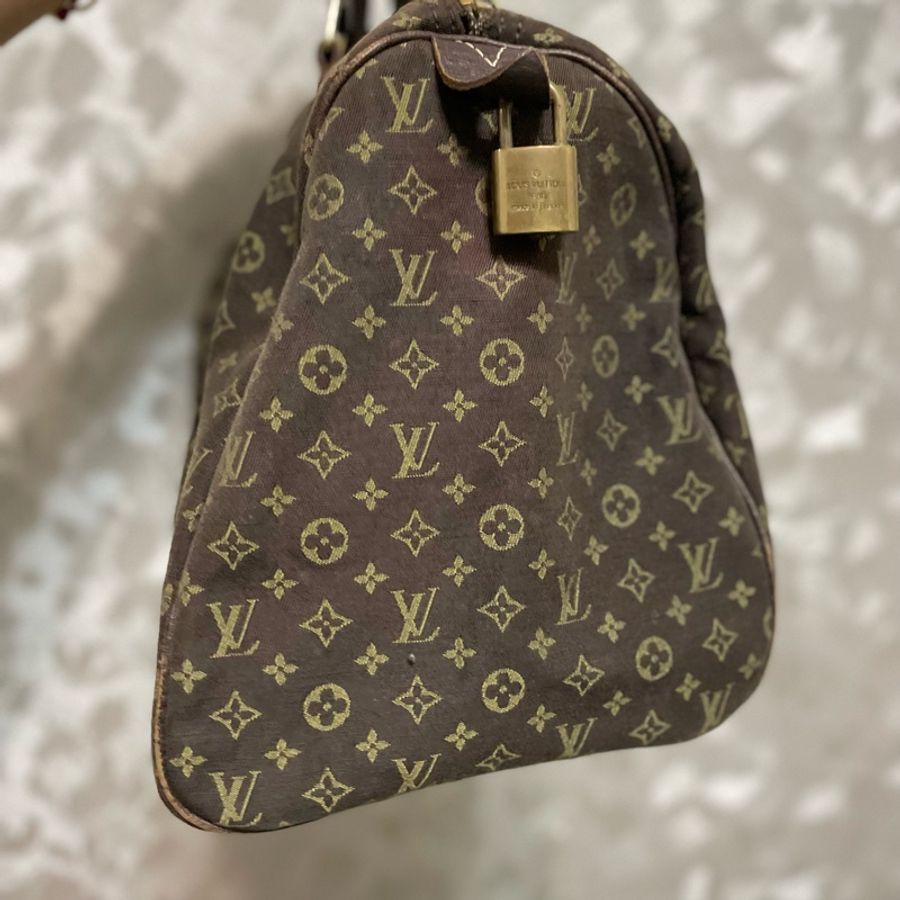 LV 二手真品限量 咖啡色 monogram 緹花布 棉麻 speedy 30cm M95224-3