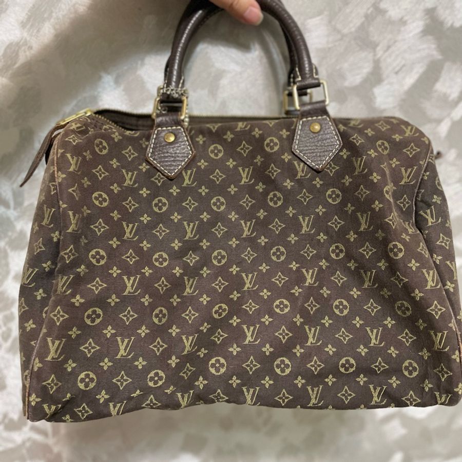 LV 二手真品限量 咖啡色 monogram 緹花布 棉麻 speedy 30cm M95224-5