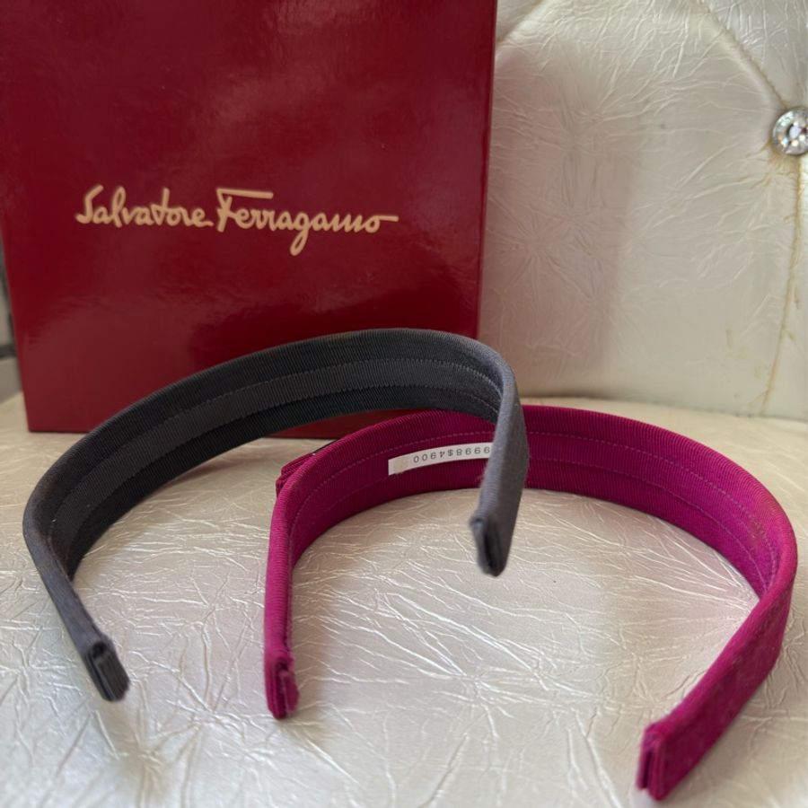 全新真品Ferragamo寬版桃紅銀logo vara蝴蝶結髮圈-6