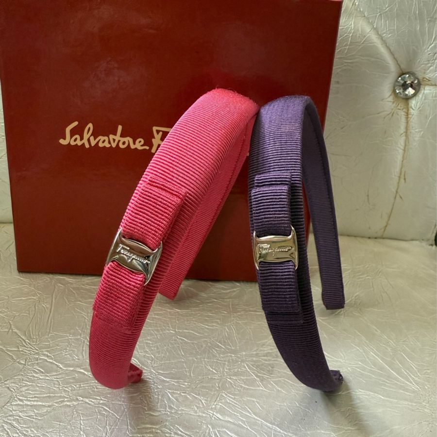 全新真品Ferragamo窄版紫色銀logo vara蝴蝶結髮圈-9