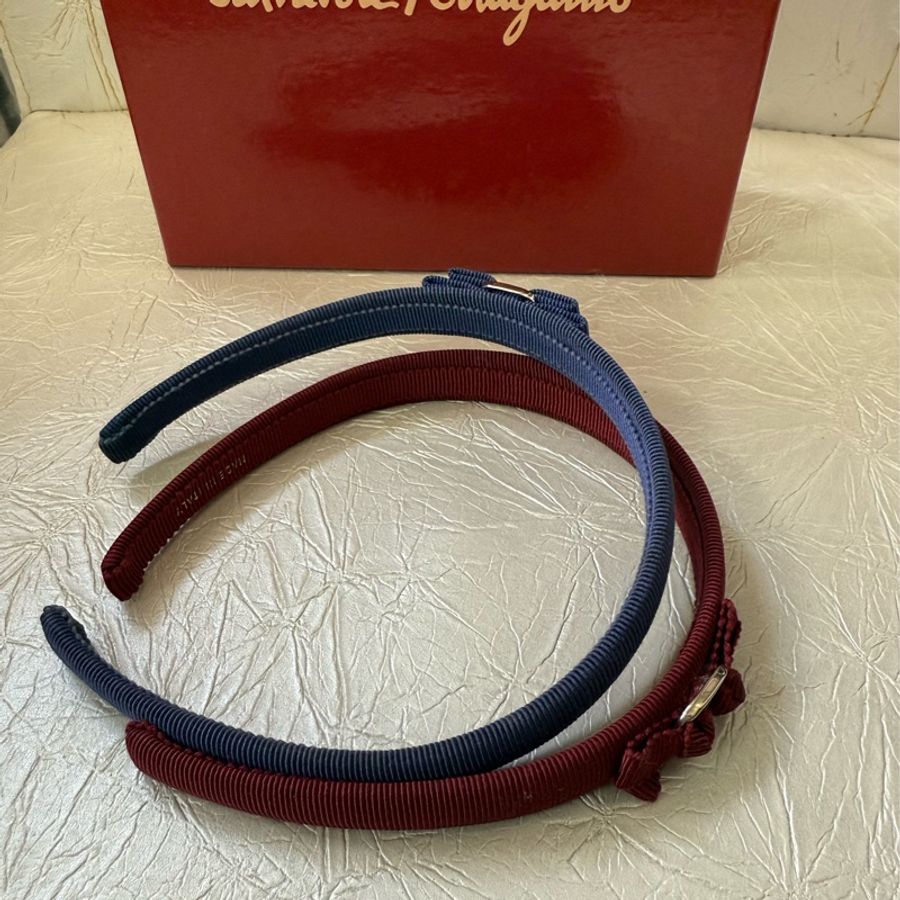 全新真品Ferragamo窄版蔚藍色銀logo vara蝴蝶結髮圈-4