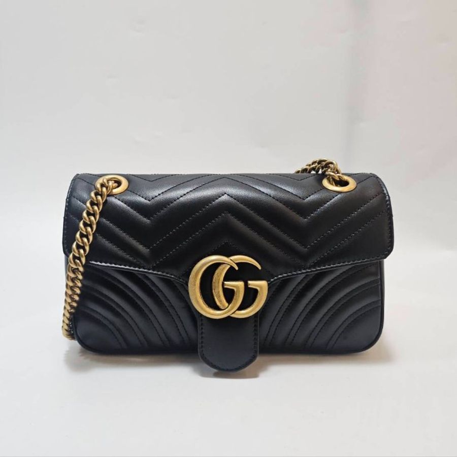 Gucci 黑牛皮山形紋Marmont26下蓋肩斜鏈包-0